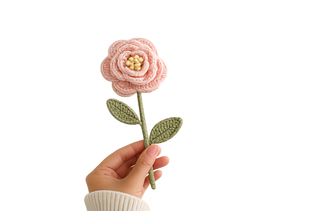 Hand holding a pink crochet rose — Crochets by Sailee